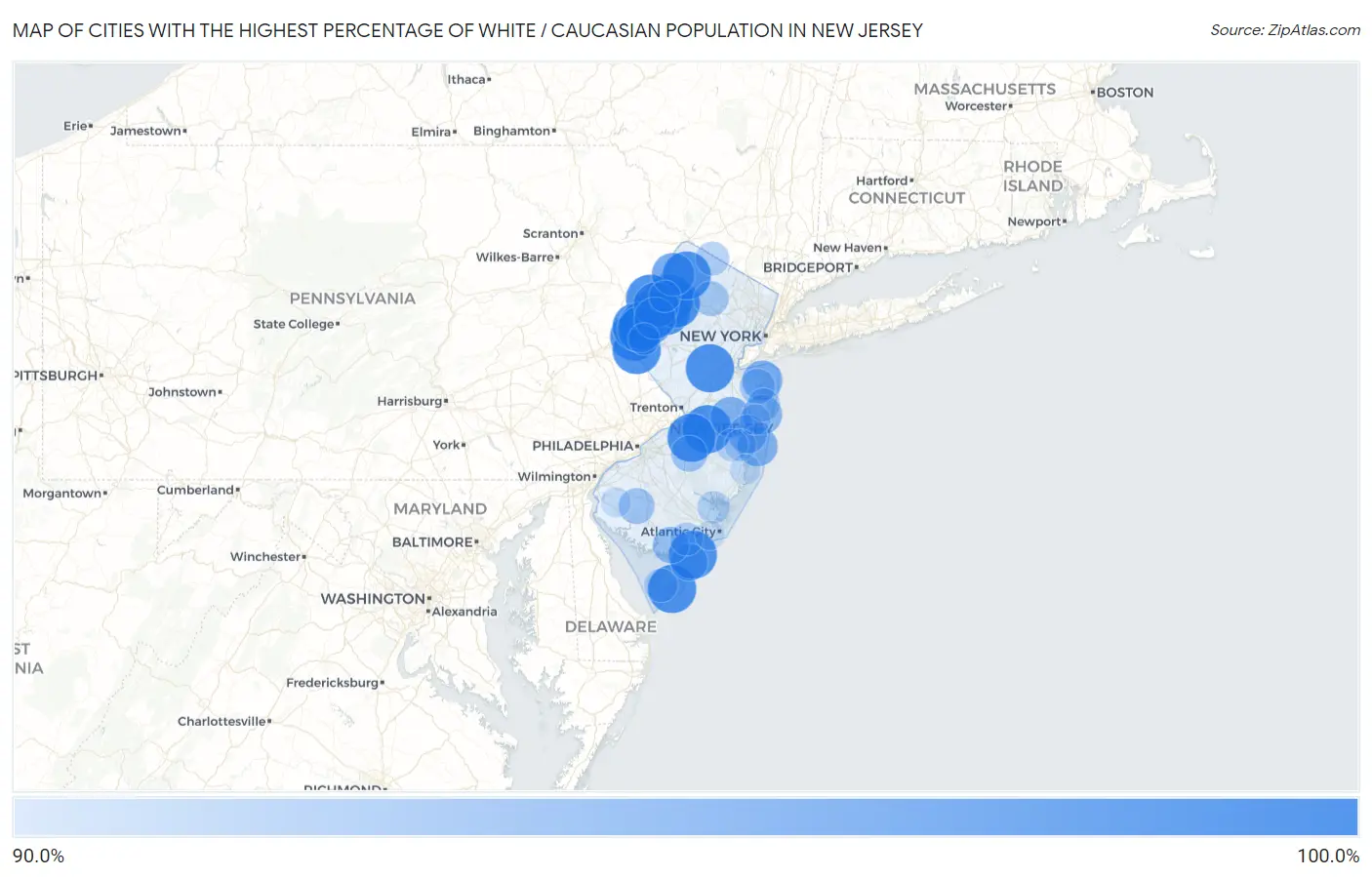 Cities with the Highest Percentage of White / Caucasian Population in New Jersey Map