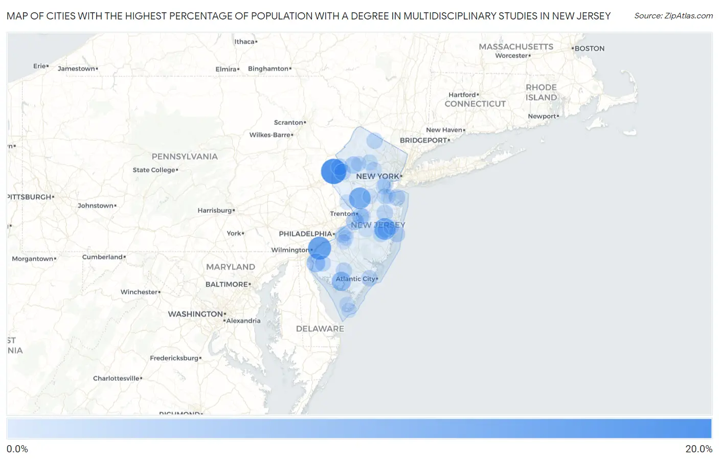 Cities with the Highest Percentage of Population with a Degree in Multidisciplinary Studies in New Jersey Map