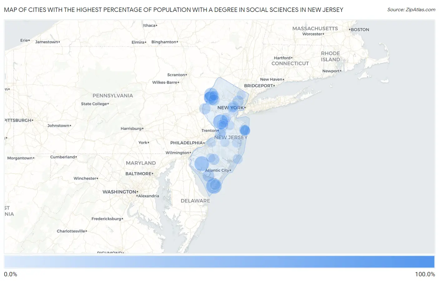 Cities with the Highest Percentage of Population with a Degree in Social Sciences in New Jersey Map