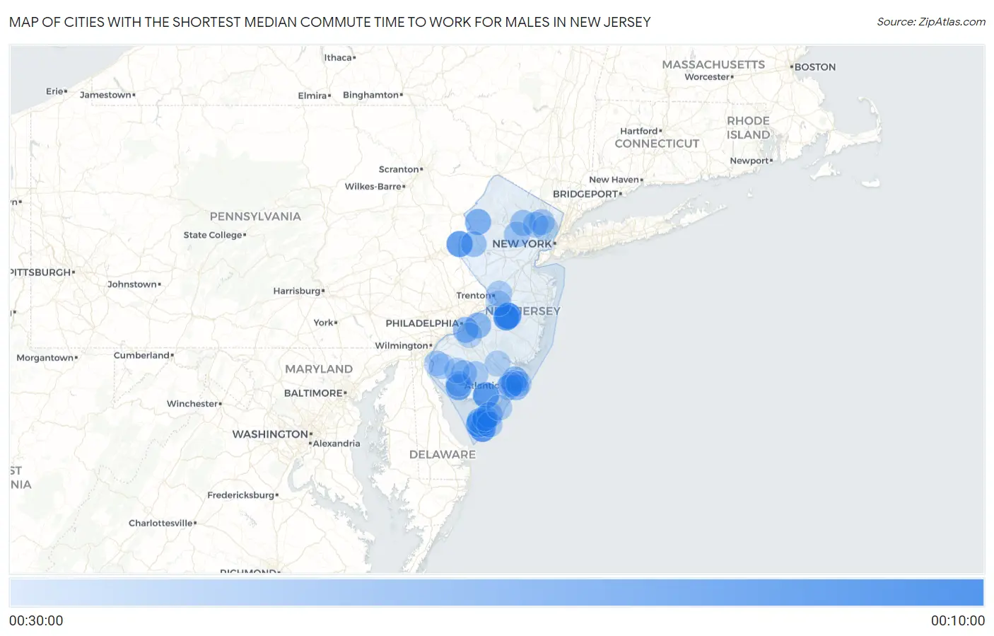 Cities with the Shortest Median Commute Time to Work for Males in New Jersey Map