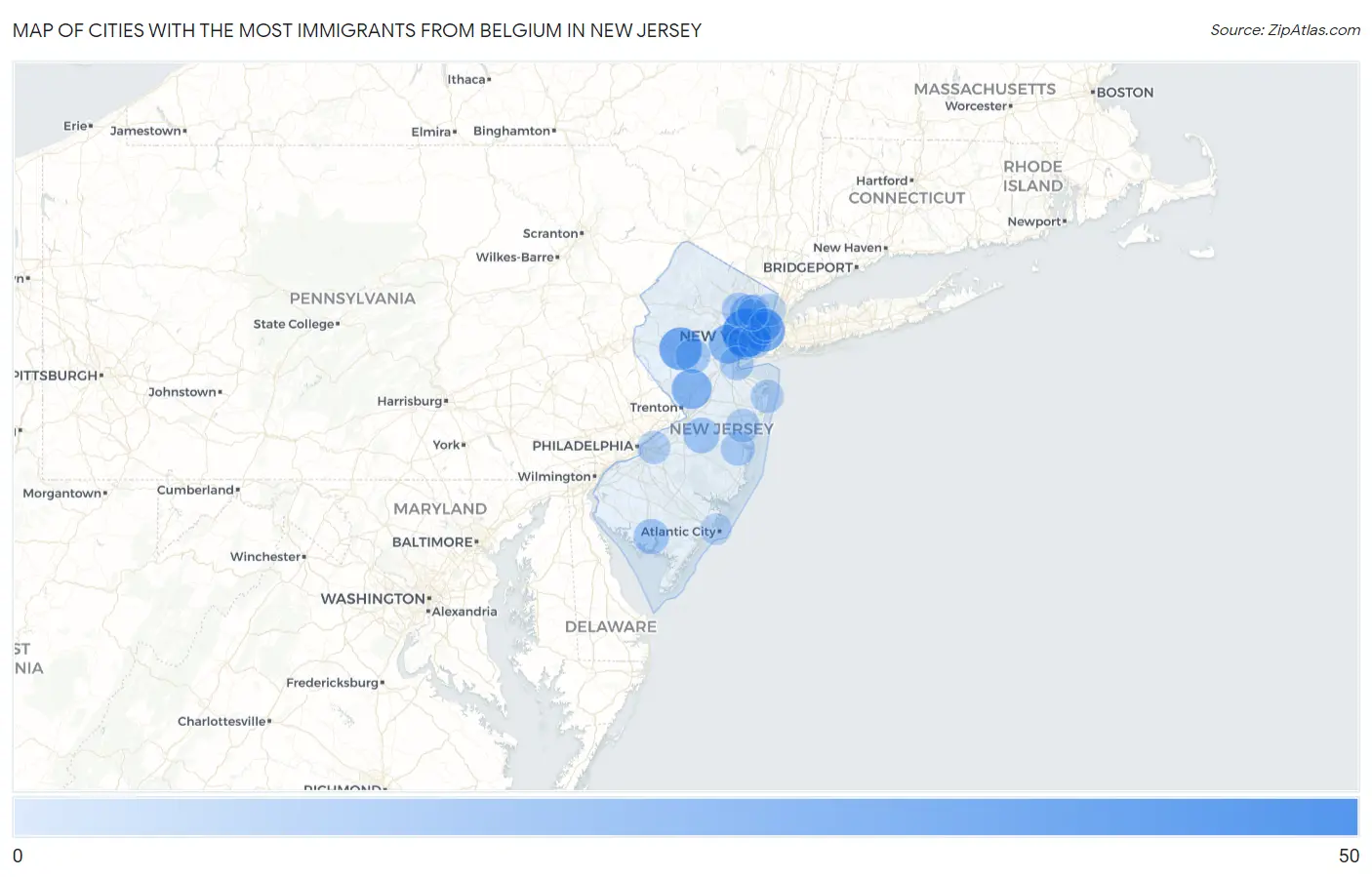 Cities with the Most Immigrants from Belgium in New Jersey Map