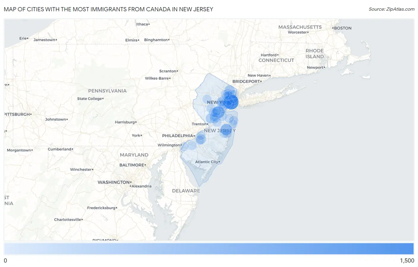 Cities with the Most Immigrants from Canada in New Jersey Map