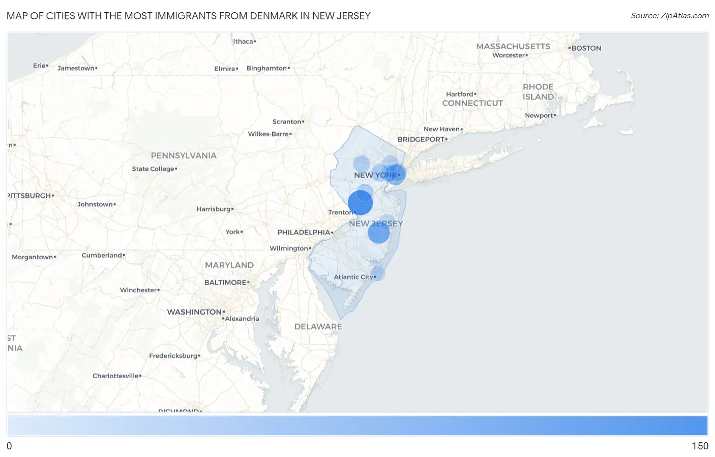 Cities with the Most Immigrants from Denmark in New Jersey Map
