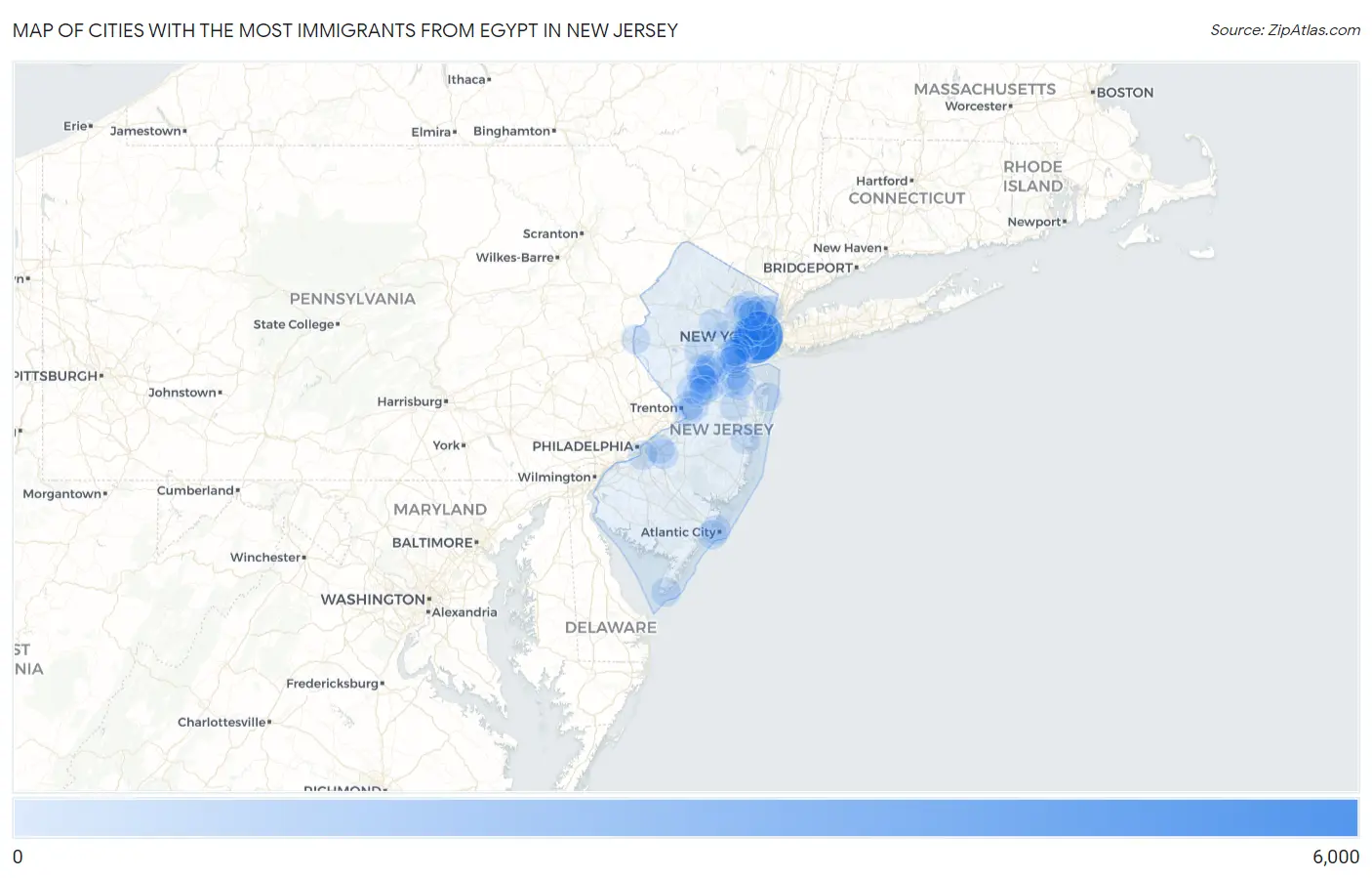 Cities with the Most Immigrants from Egypt in New Jersey Map