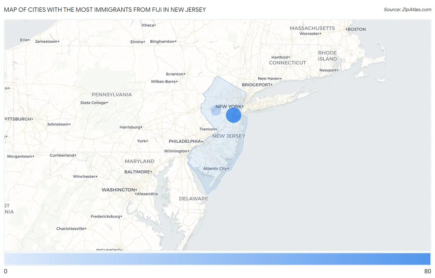 Cities with the Most Immigrants from Fiji in New Jersey Map