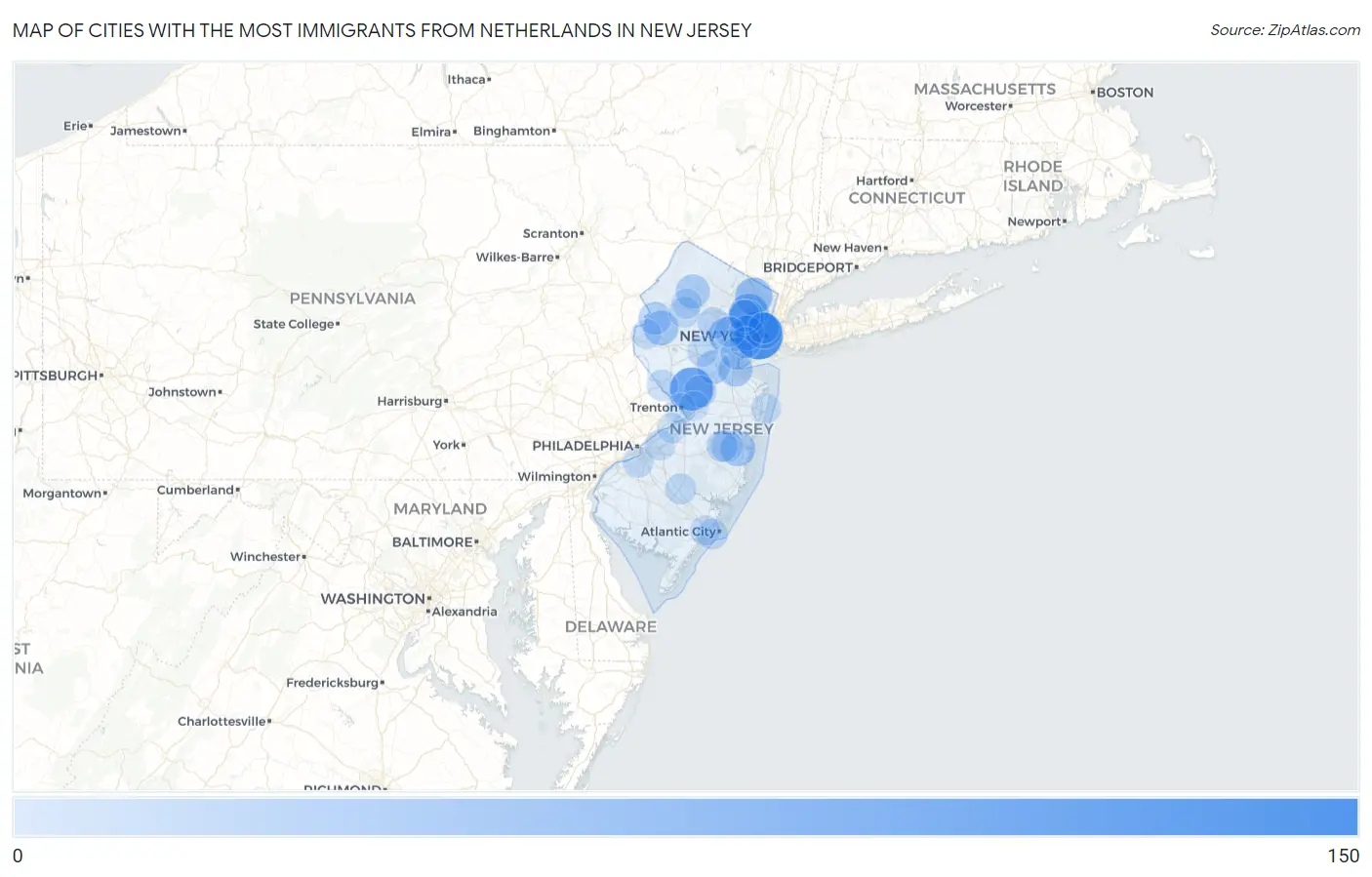 Cities with the Most Immigrants from Netherlands in New Jersey Map