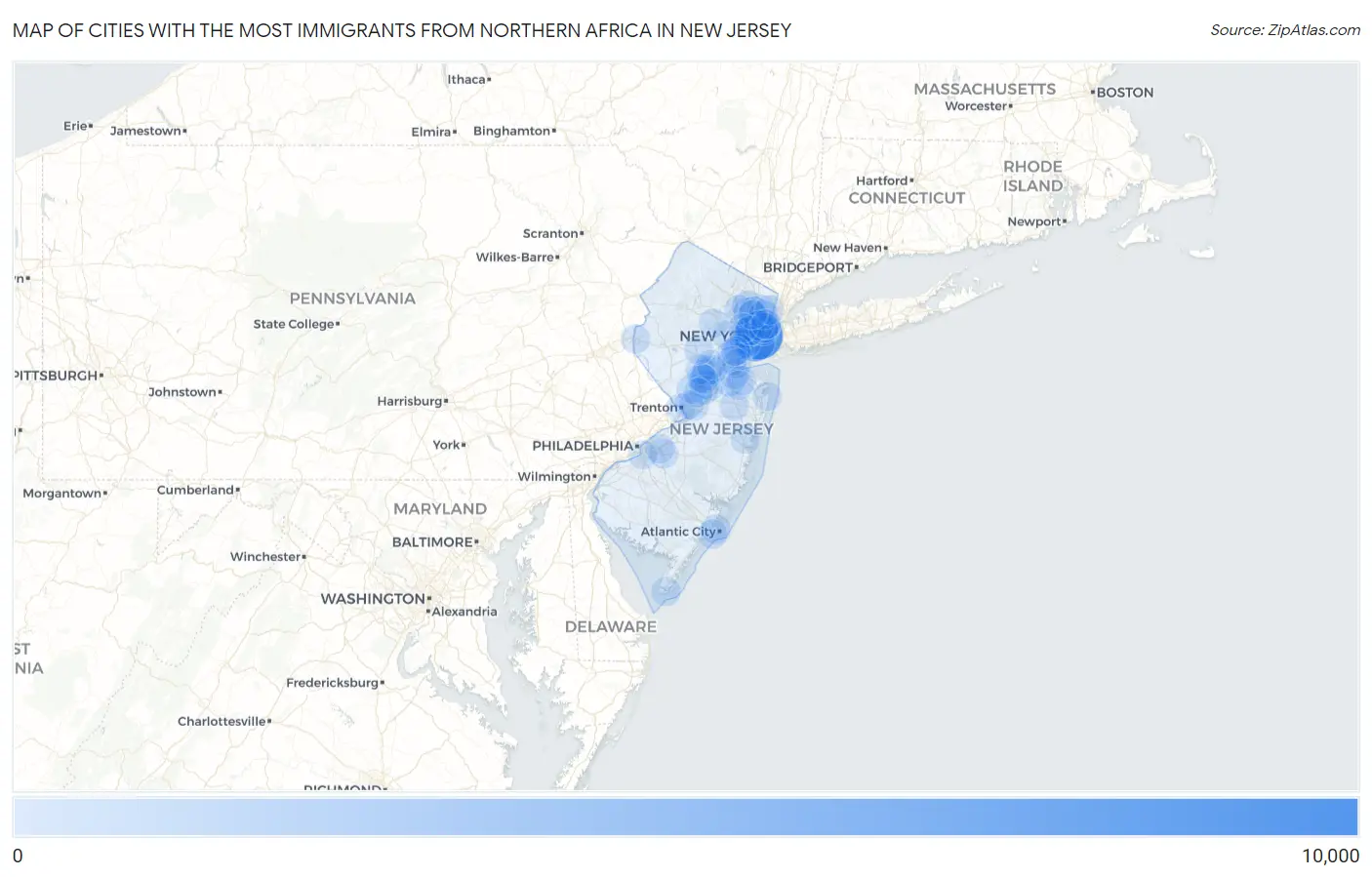 Cities with the Most Immigrants from Northern Africa in New Jersey Map