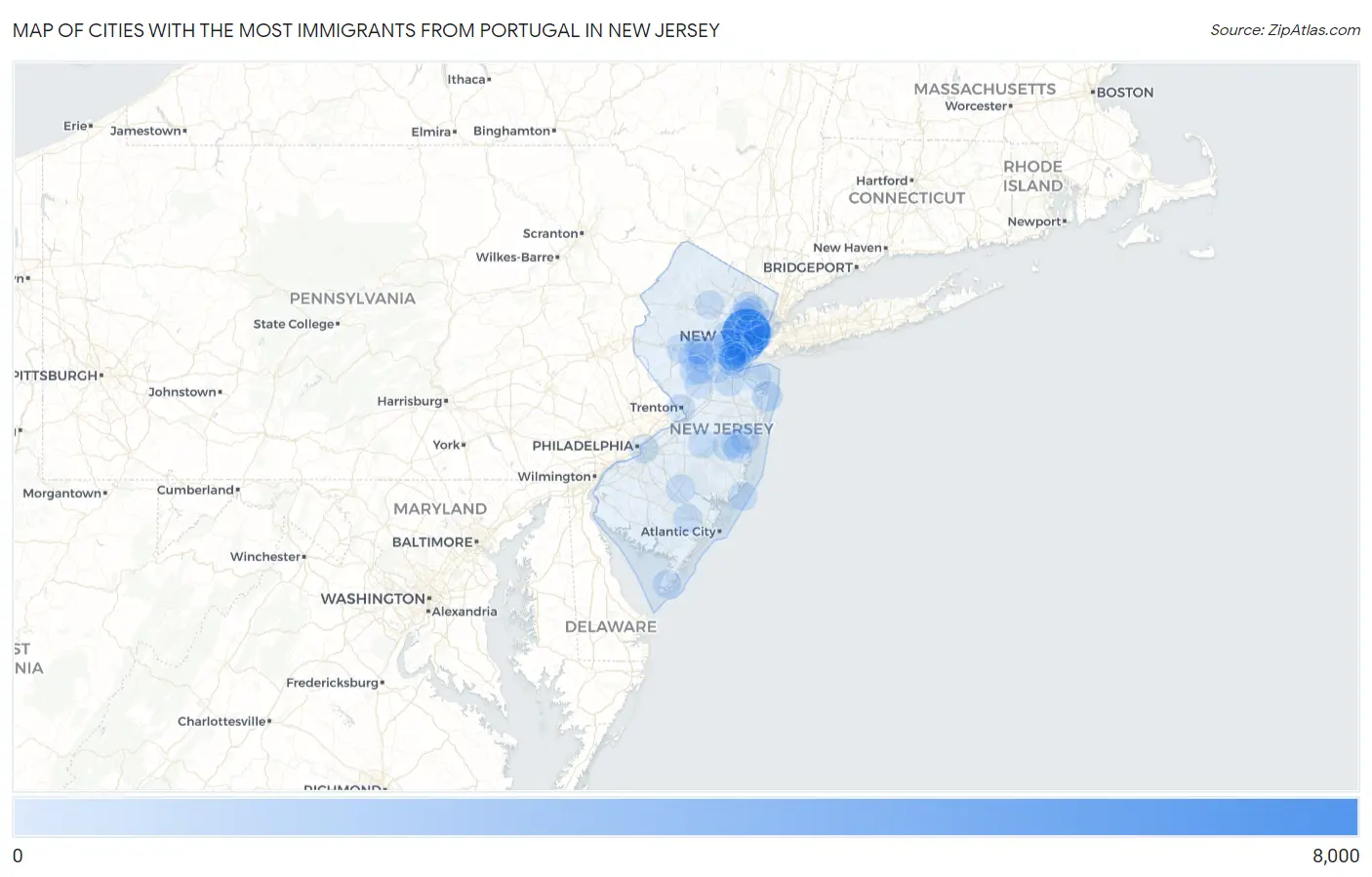 Cities with the Most Immigrants from Portugal in New Jersey Map