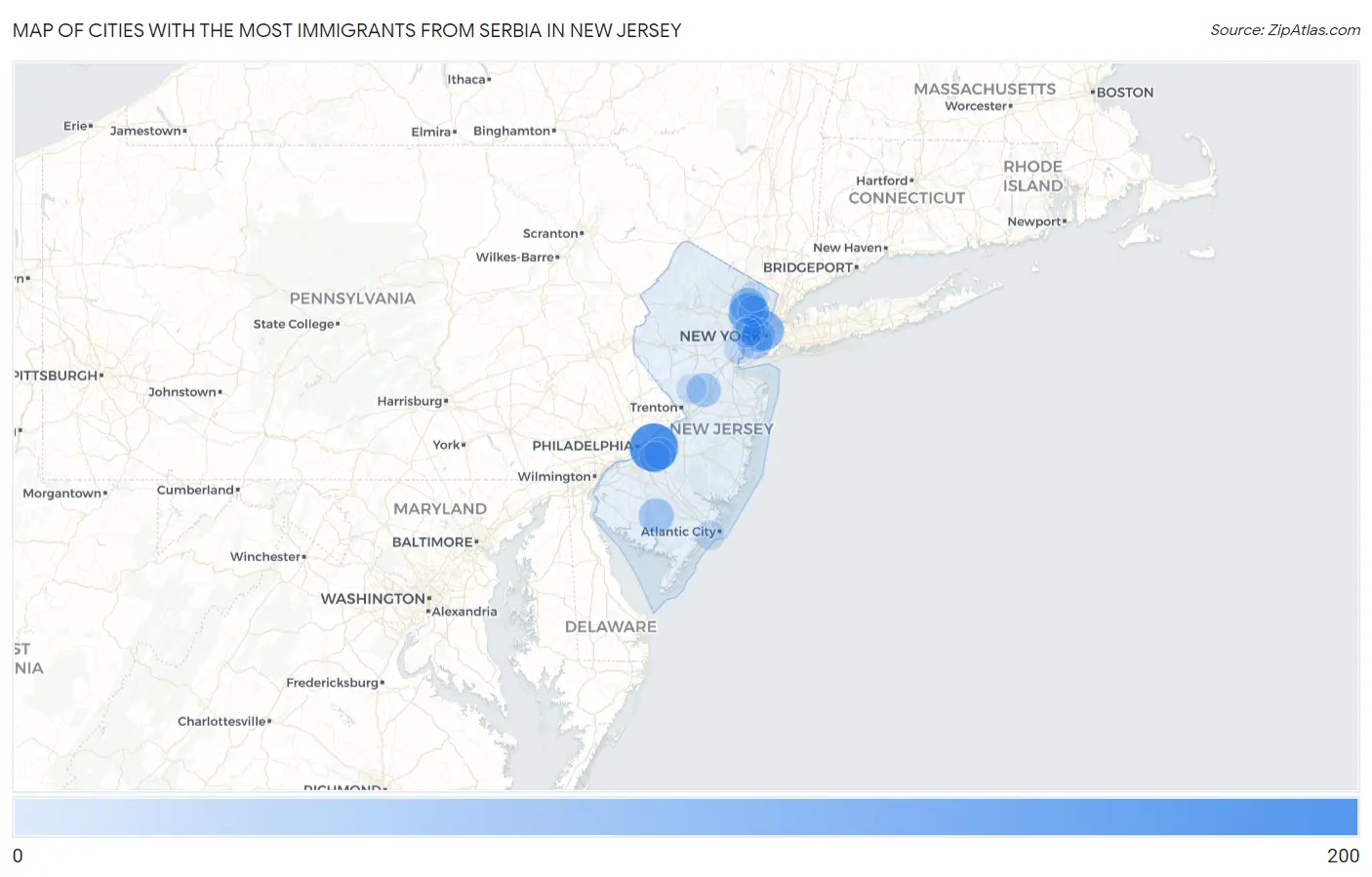 Cities with the Most Immigrants from Serbia in New Jersey Map