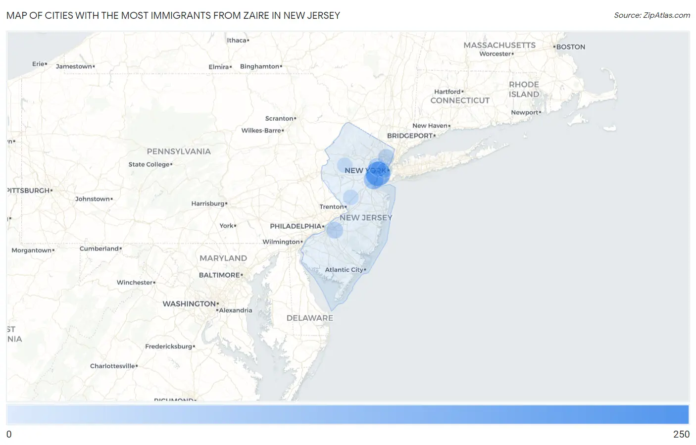 Cities with the Most Immigrants from Zaire in New Jersey Map
