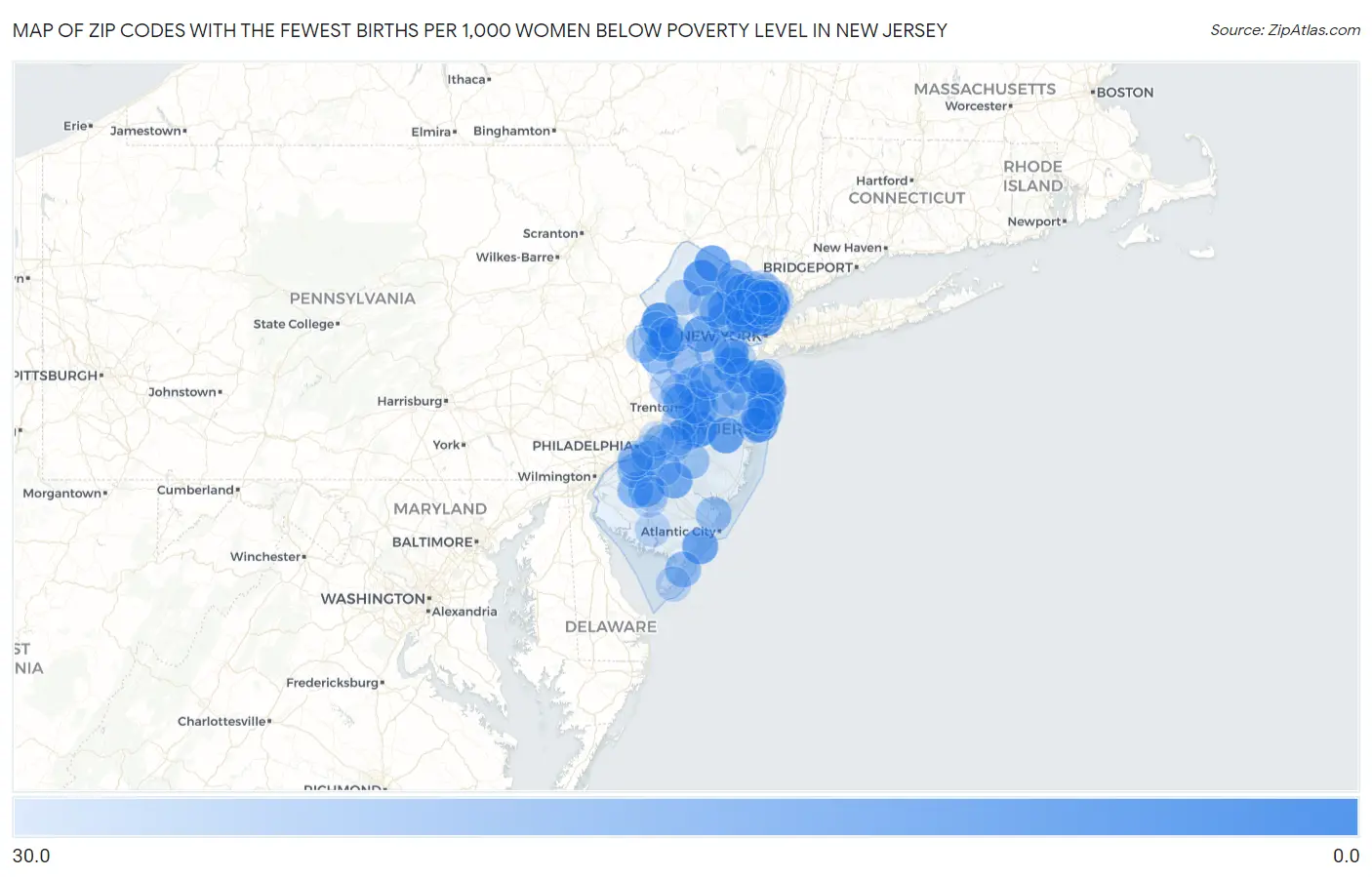 Zip Codes with the Fewest Births per 1,000 Women Below Poverty Level in New Jersey Map