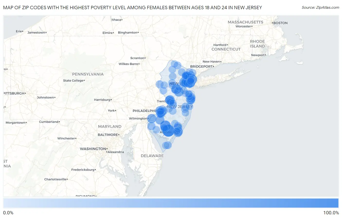Zip Codes with the Highest Poverty Level Among Females Between Ages 18 and 24 in New Jersey Map