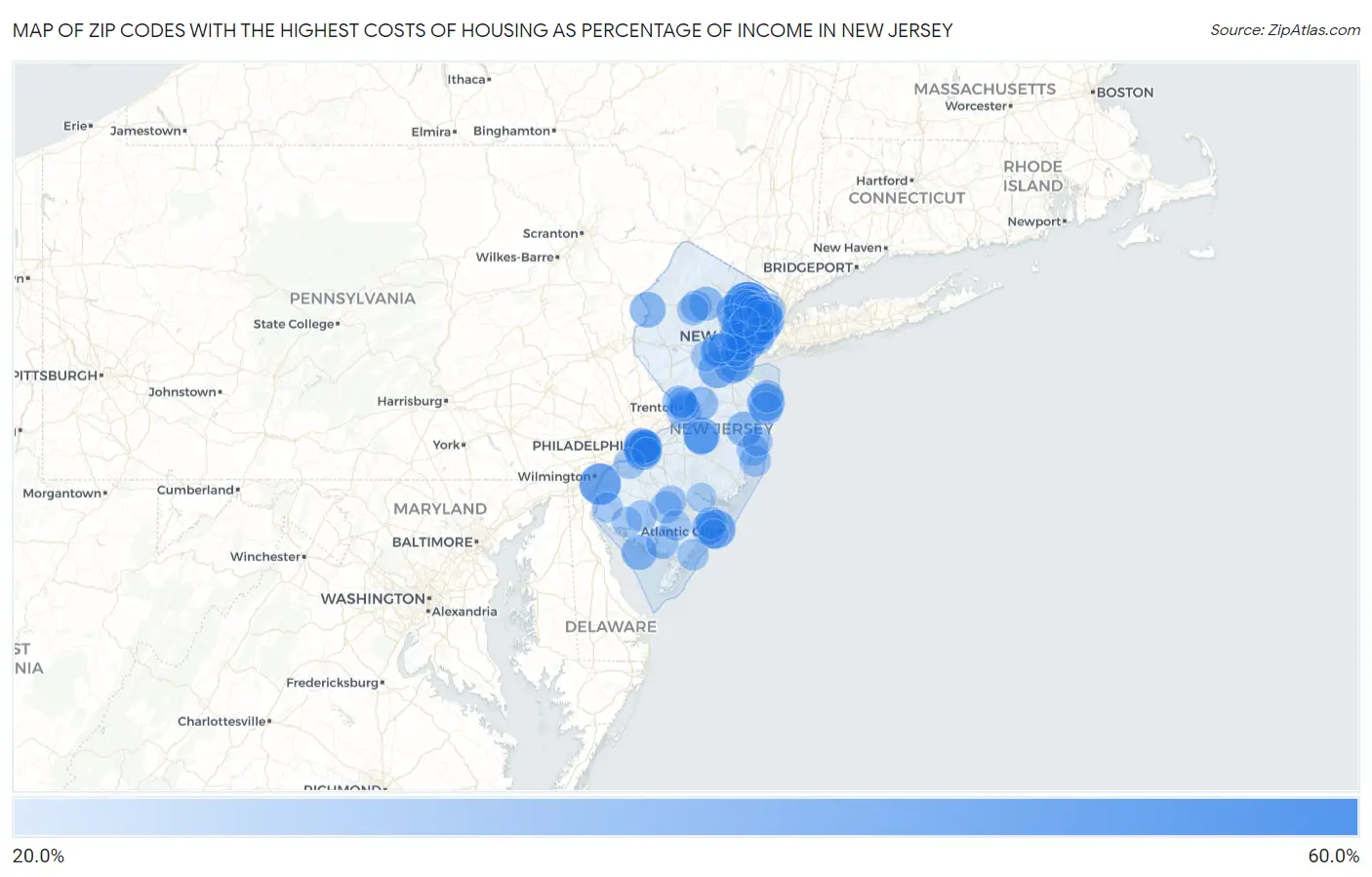 Zip Codes with the Highest Costs of Housing as Percentage of Income in New Jersey Map