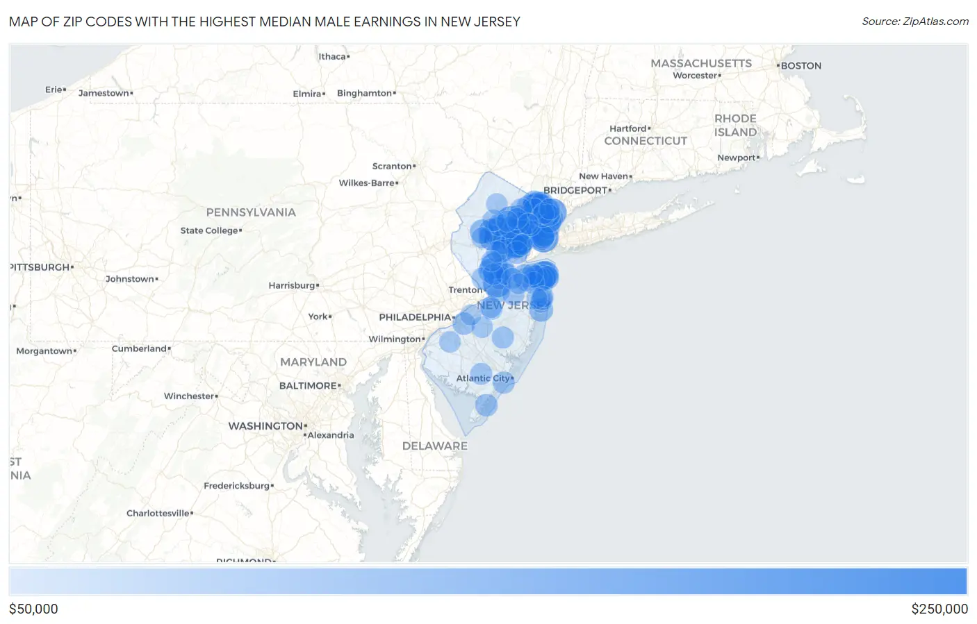 Zip Codes with the Highest Median Male Earnings in New Jersey Map