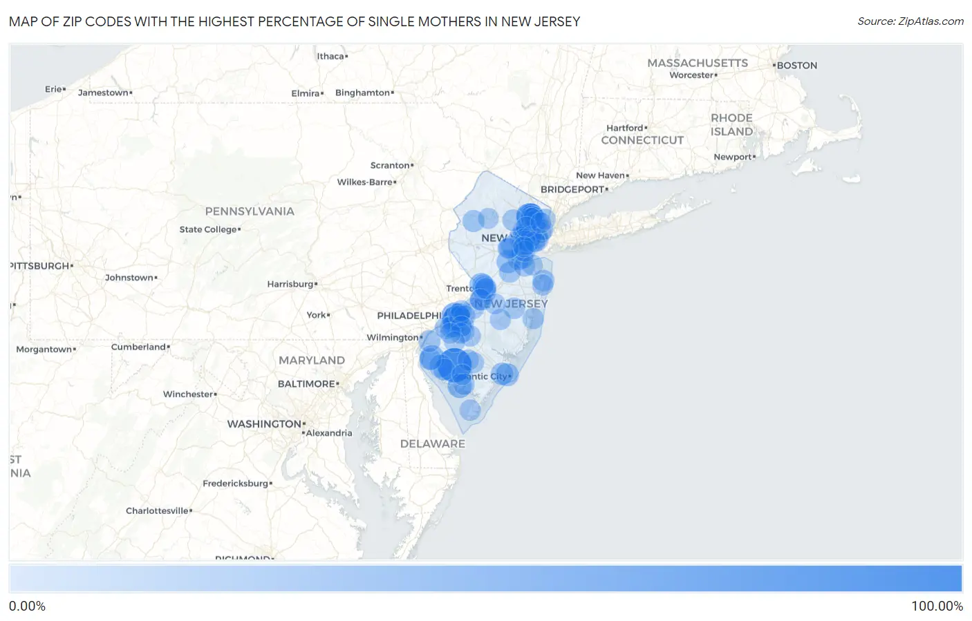 Zip Codes with the Highest Percentage of Single Mothers in New Jersey Map
