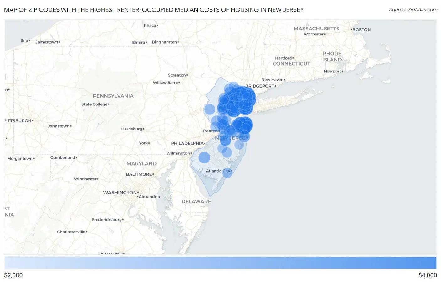 Zip Codes with the Highest Renter-Occupied Median Costs of Housing in New Jersey Map