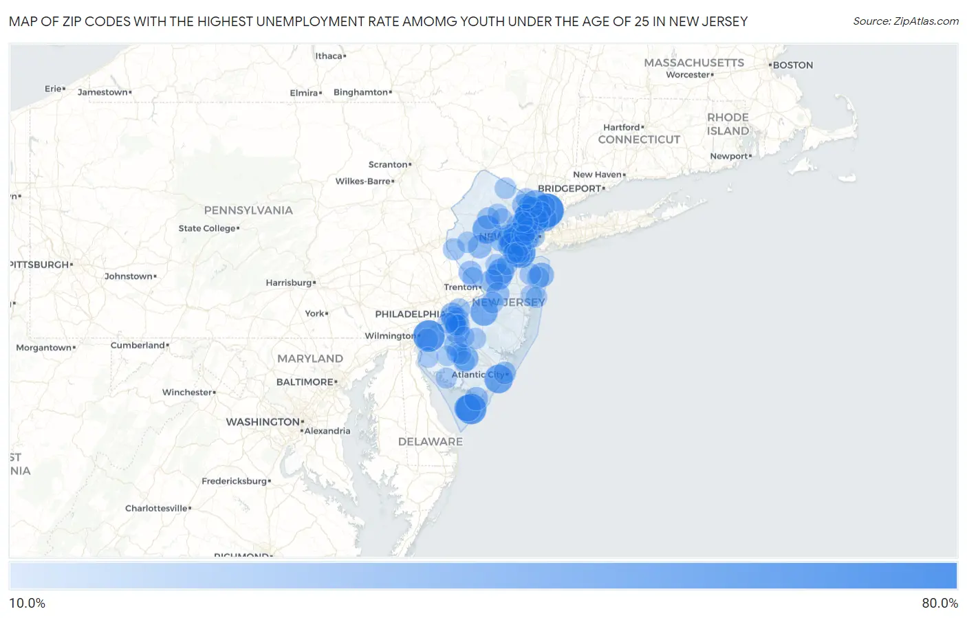 Zip Codes with the Highest Unemployment Rate Amomg Youth Under the Age of 25 in New Jersey Map