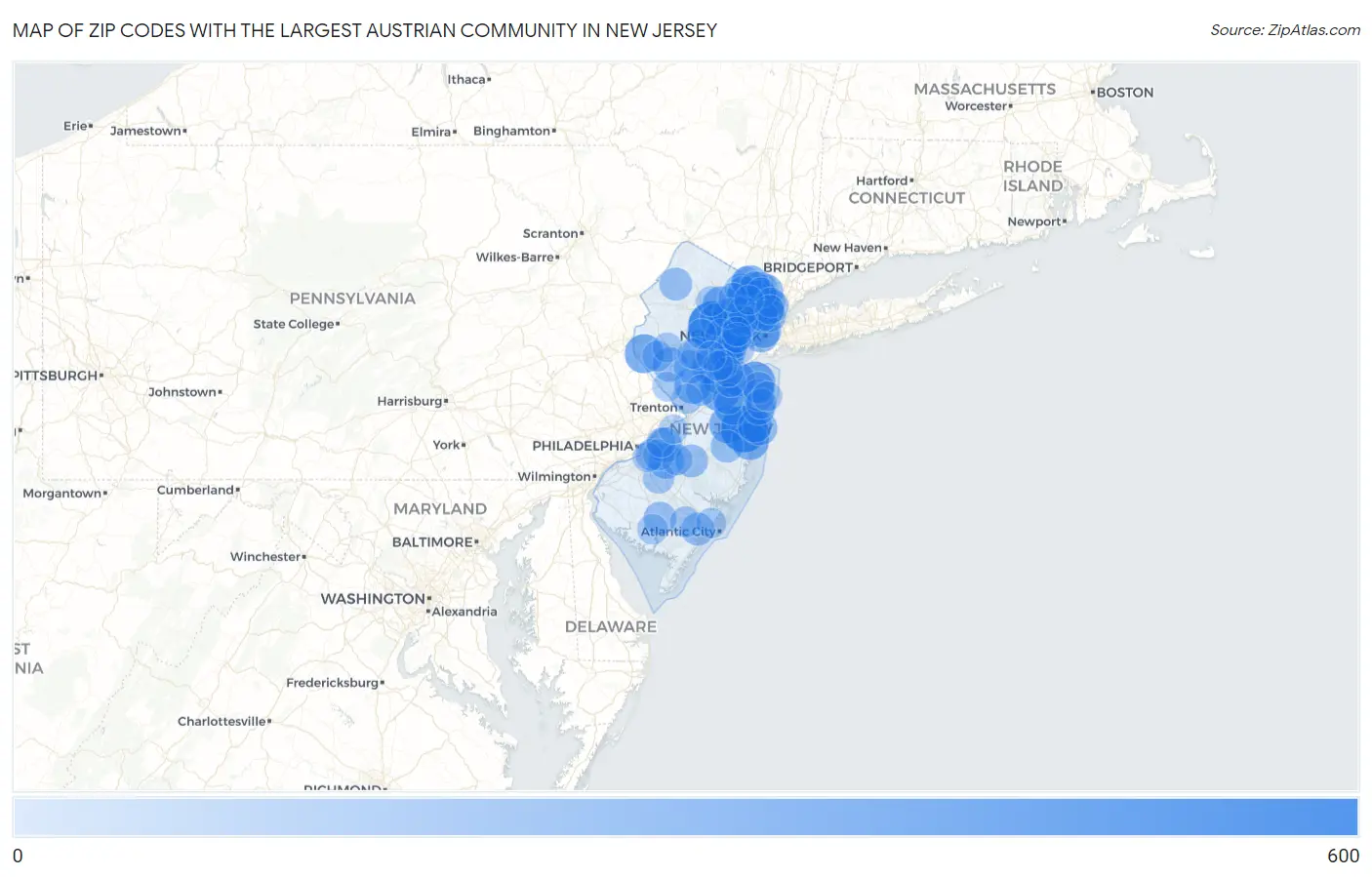 Zip Codes with the Largest Austrian Community in New Jersey Map