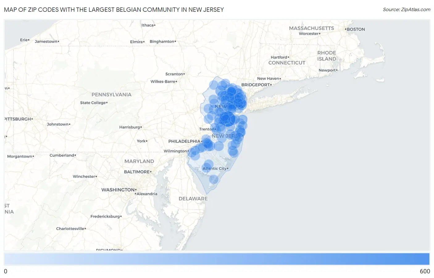 Zip Codes with the Largest Belgian Community in New Jersey Map