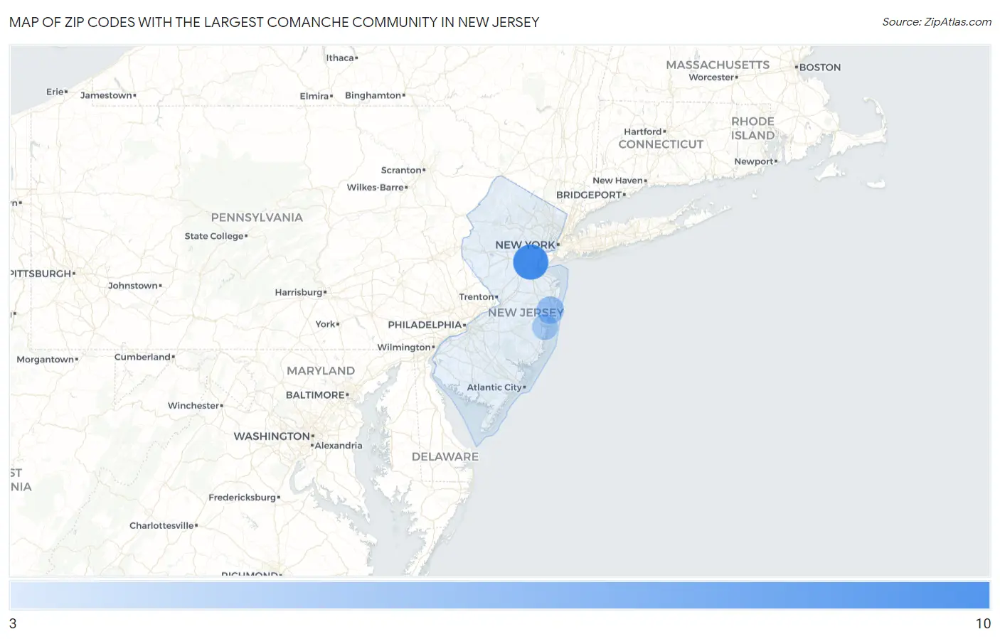 Zip Codes with the Largest Comanche Community in New Jersey Map