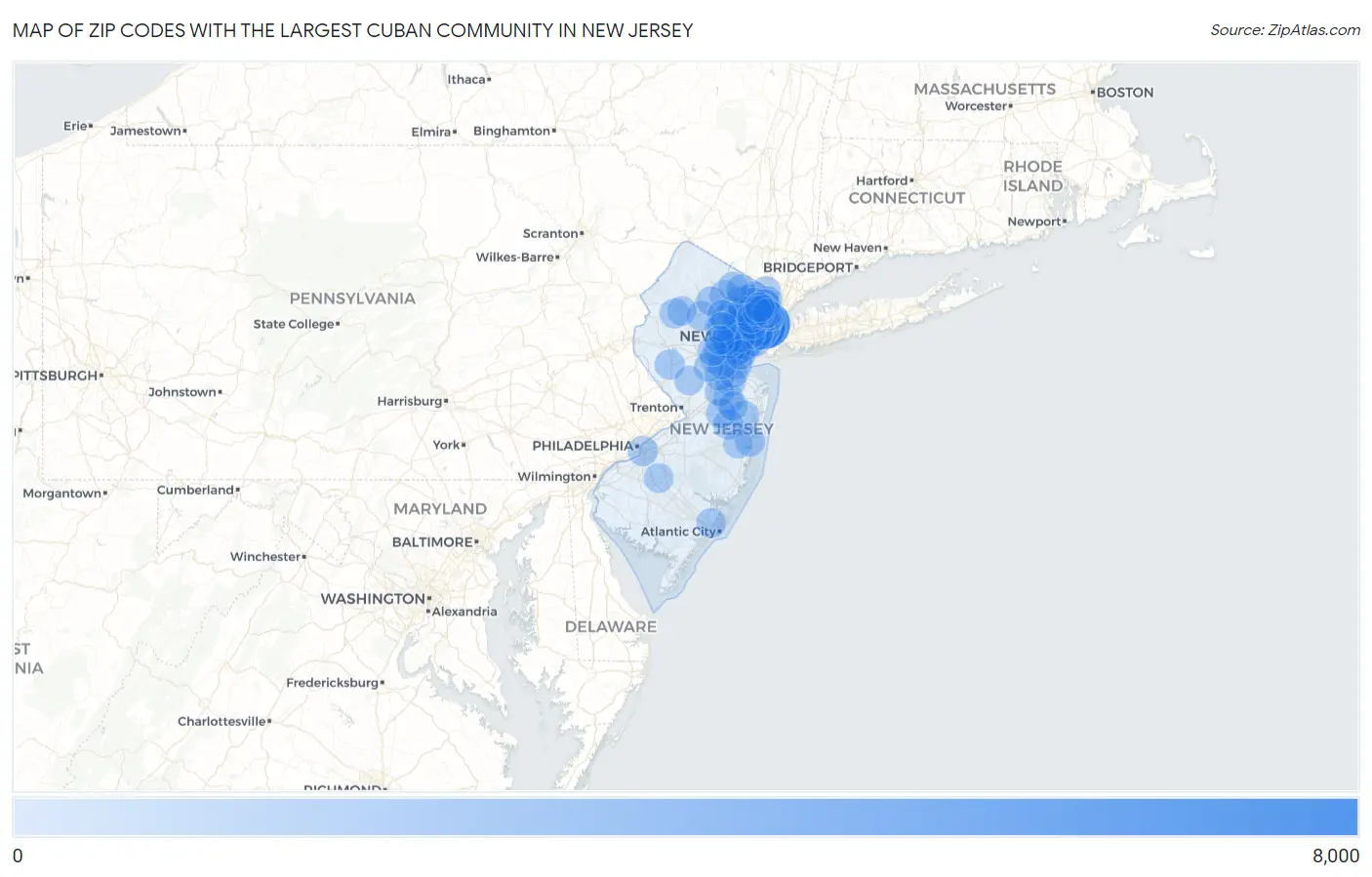 Zip Codes with the Largest Cuban Community in New Jersey Map