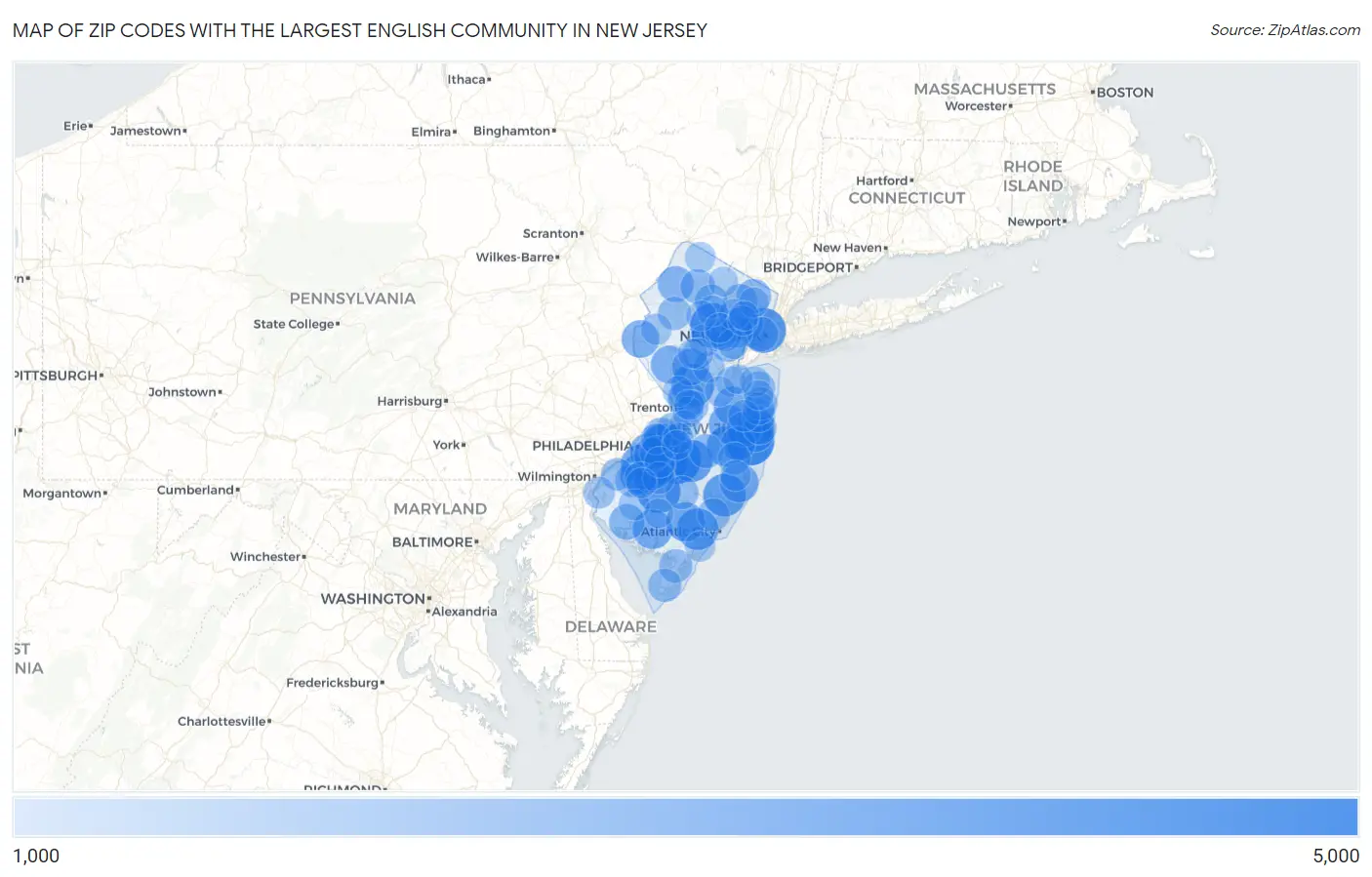 Zip Codes with the Largest English Community in New Jersey Map