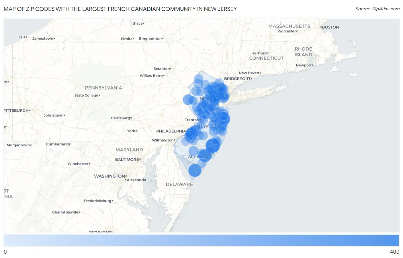 Zip Codes with the Largest French Canadian Community in New Jersey Map