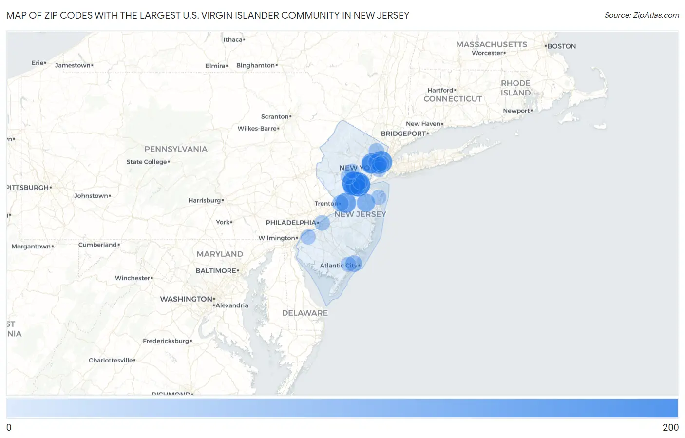 Zip Codes with the Largest U.S. Virgin Islander Community in New Jersey Map