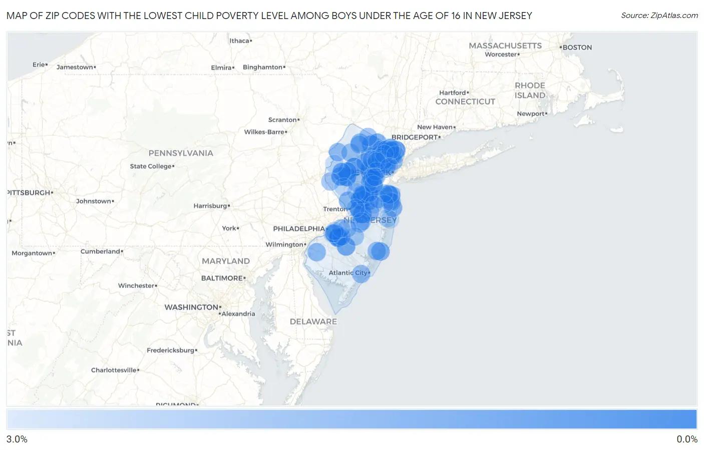 Zip Codes with the Lowest Child Poverty Level Among Boys Under the Age of 16 in New Jersey Map