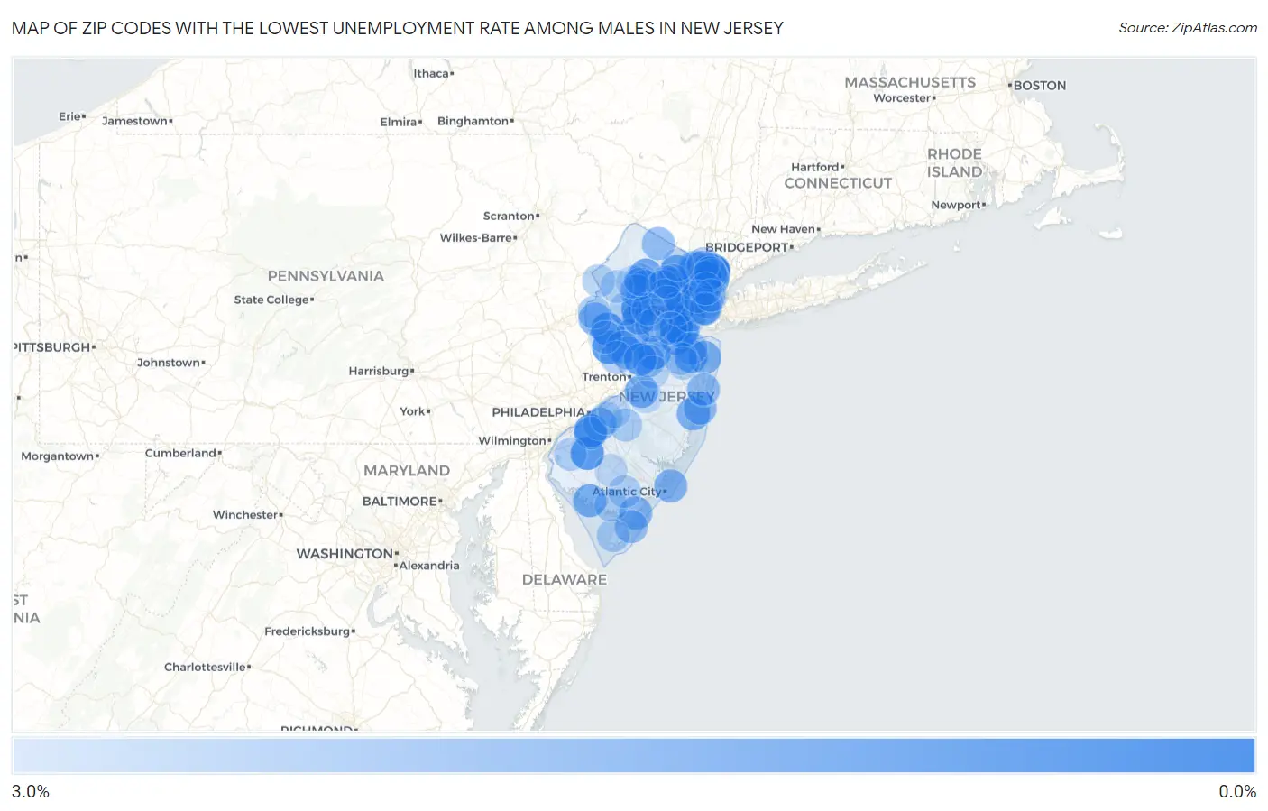 Zip Codes with the Lowest Unemployment Rate Among Males in New Jersey Map