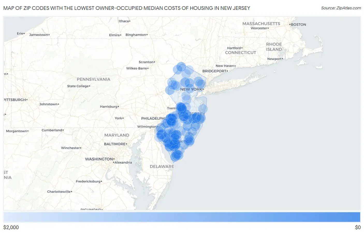 Zip Codes with the Lowest Owner-Occupied Median Costs of Housing in New Jersey Map