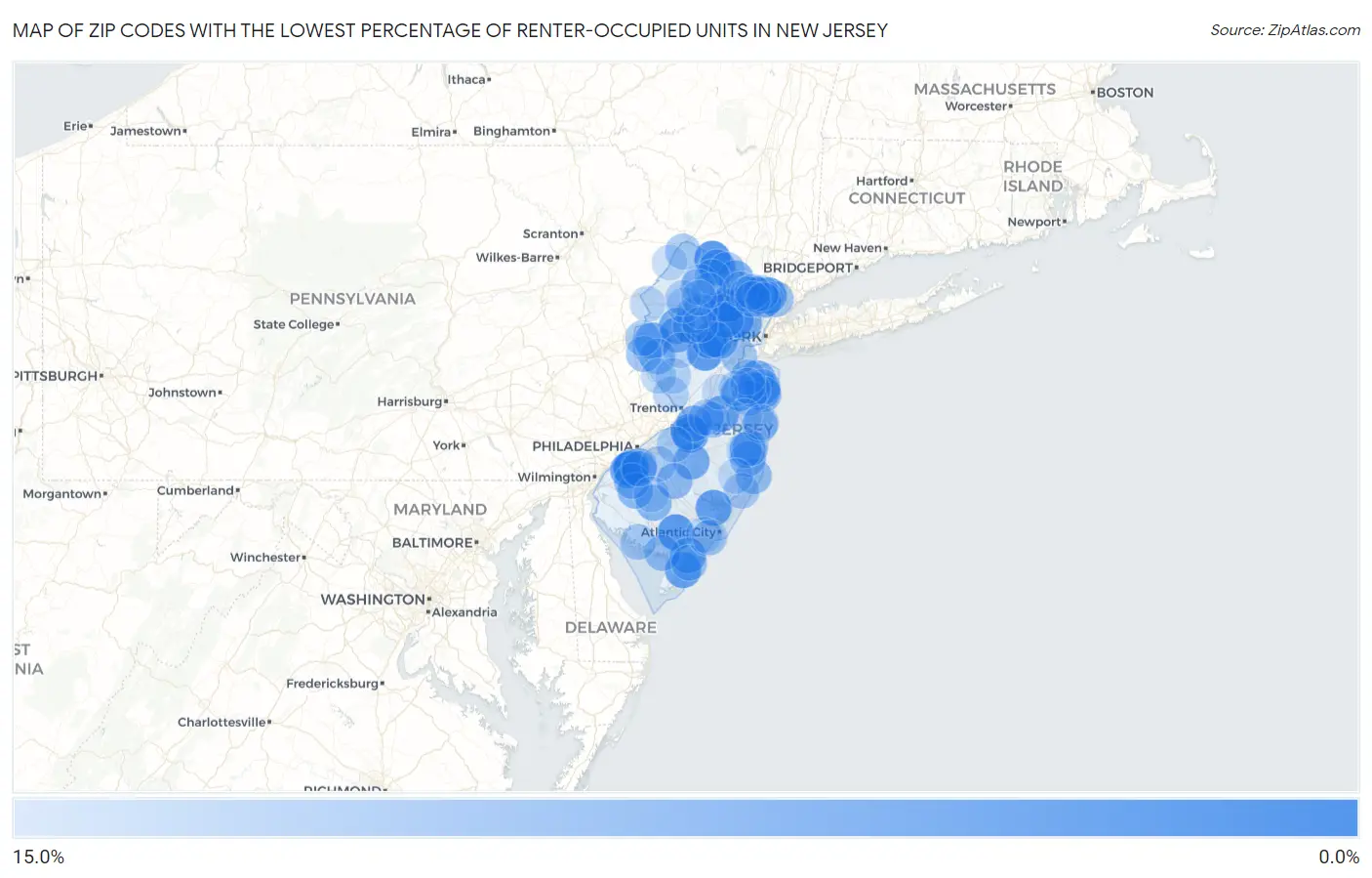 Zip Codes with the Lowest Percentage of Renter-Occupied Units in New Jersey Map