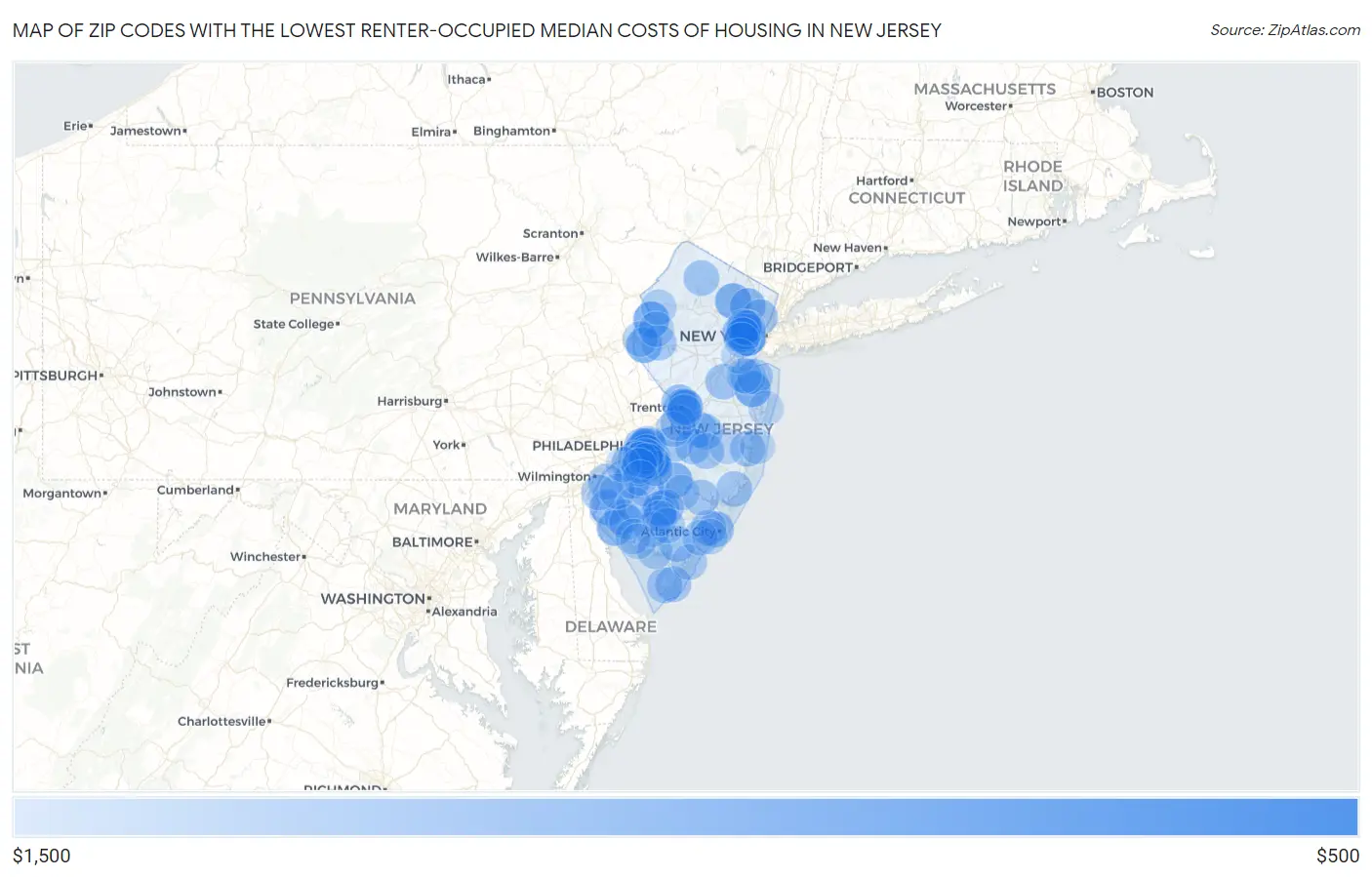 Zip Codes with the Lowest Renter-Occupied Median Costs of Housing in New Jersey Map