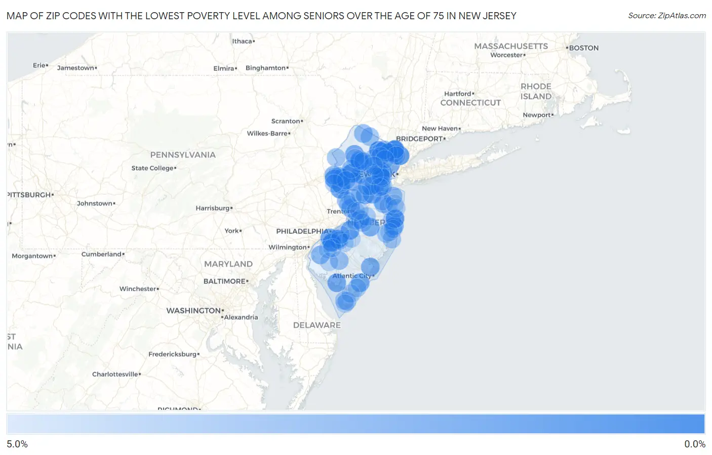 Zip Codes with the Lowest Poverty Level Among Seniors Over the Age of 75 in New Jersey Map