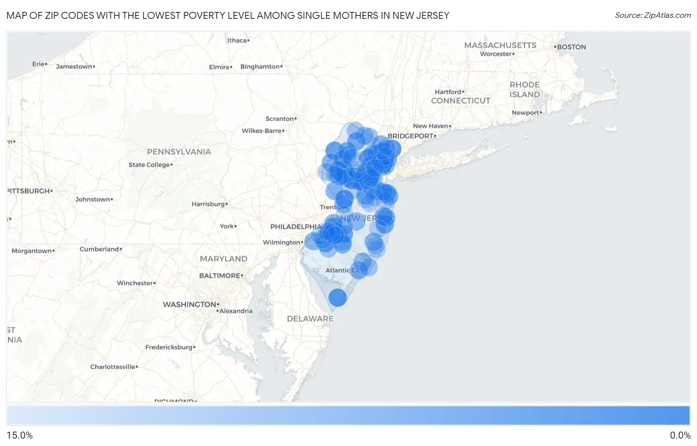 Zip Codes with the Lowest Poverty Level Among Single Mothers in New Jersey Map