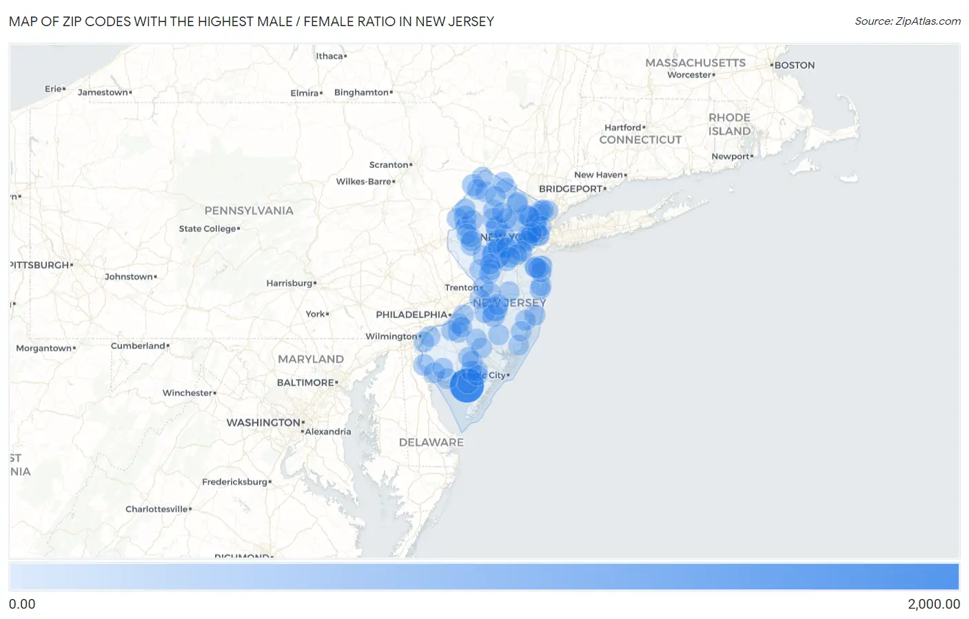 Zip Codes with the Highest Male / Female Ratio in New Jersey Map