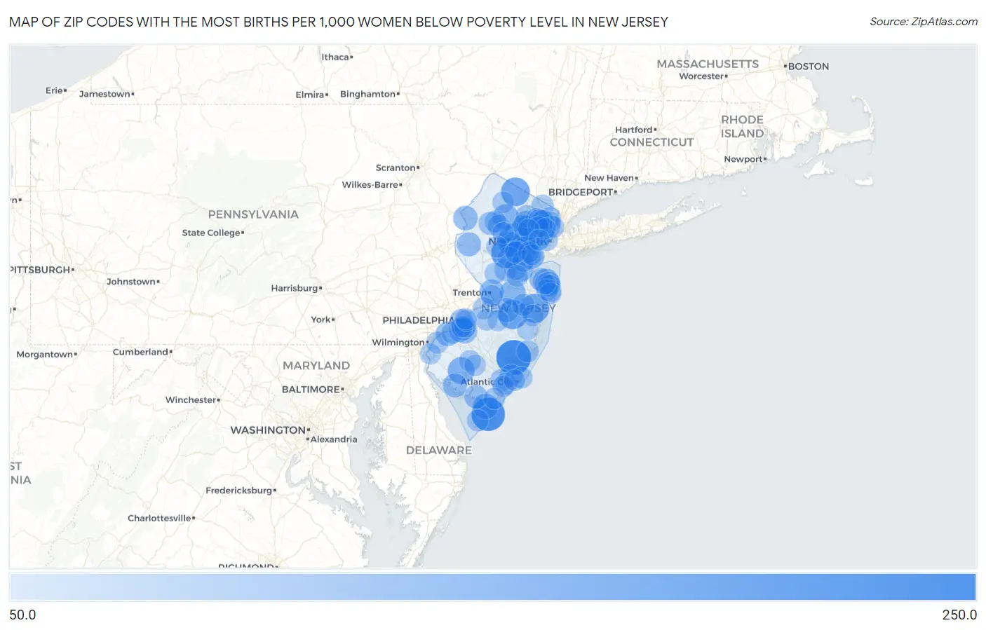 Zip Codes with the Most Births per 1,000 Women Below Poverty Level in New Jersey Map