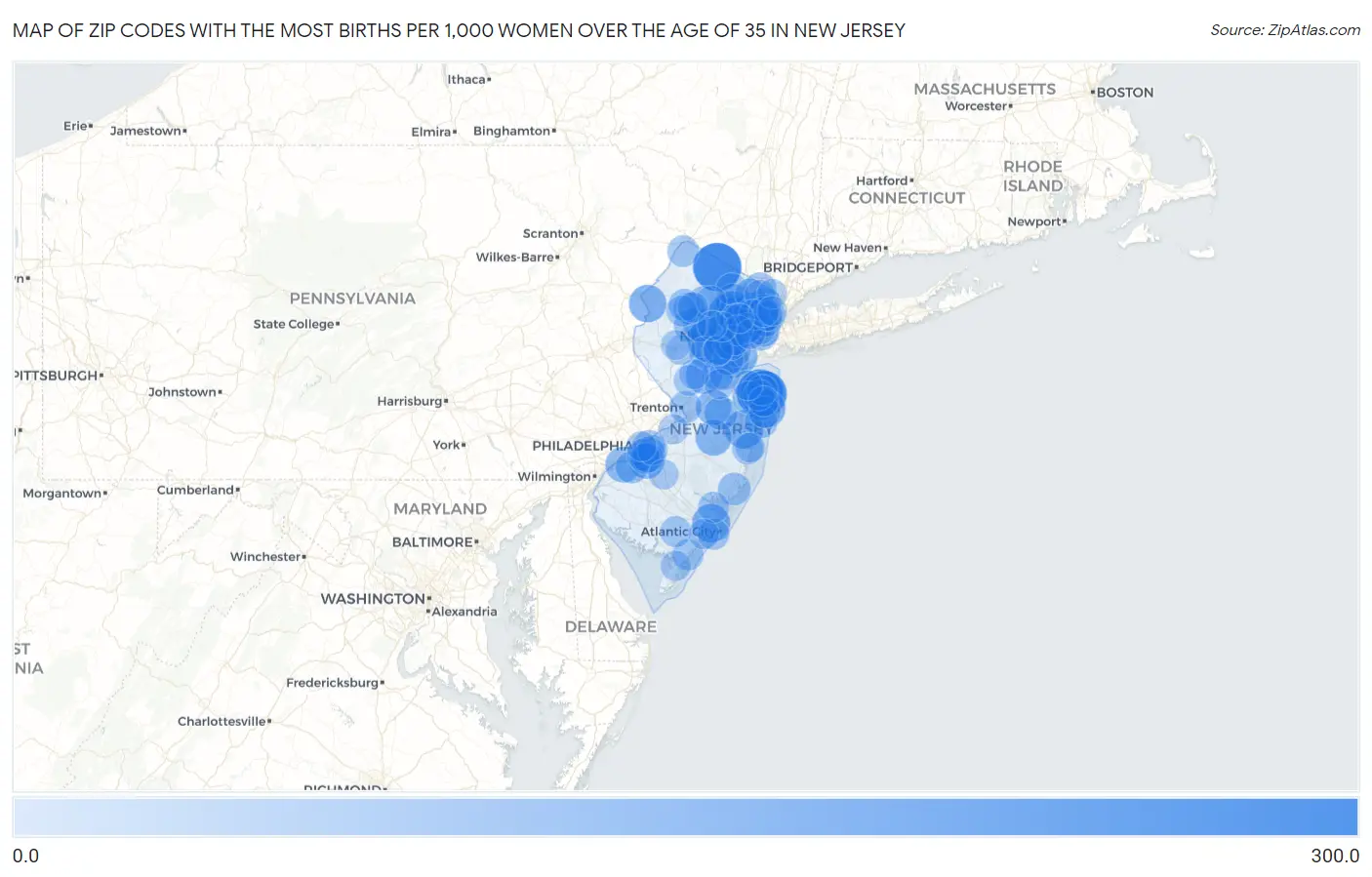 Zip Codes with the Most Births per 1,000 Women Over the Age of 35 in New Jersey Map