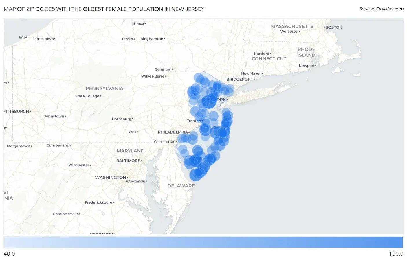 Zip Codes with the Oldest Female Population in New Jersey Map