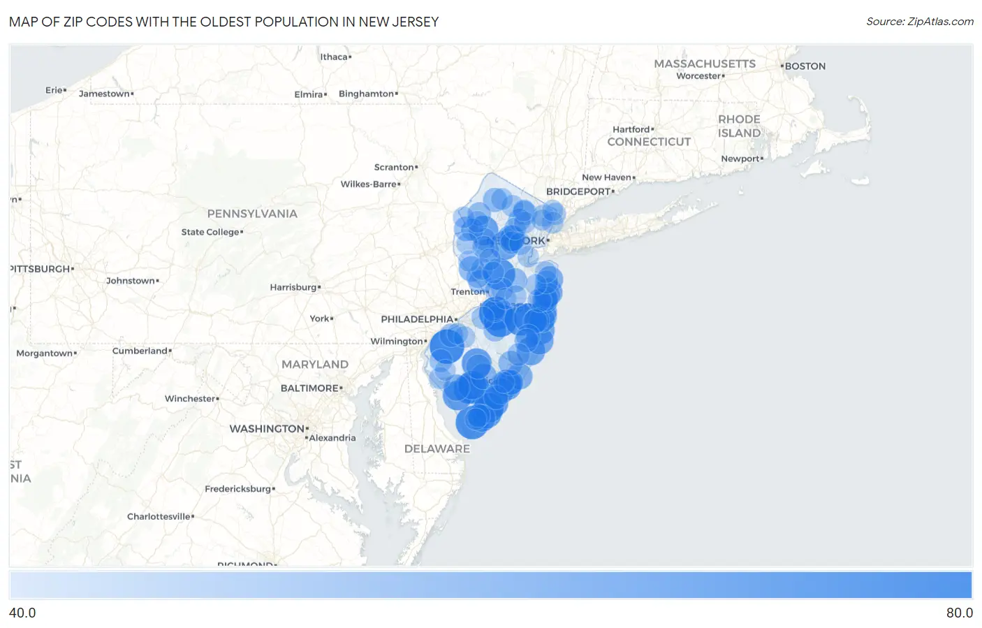 Zip Codes with the Oldest Population in New Jersey Map