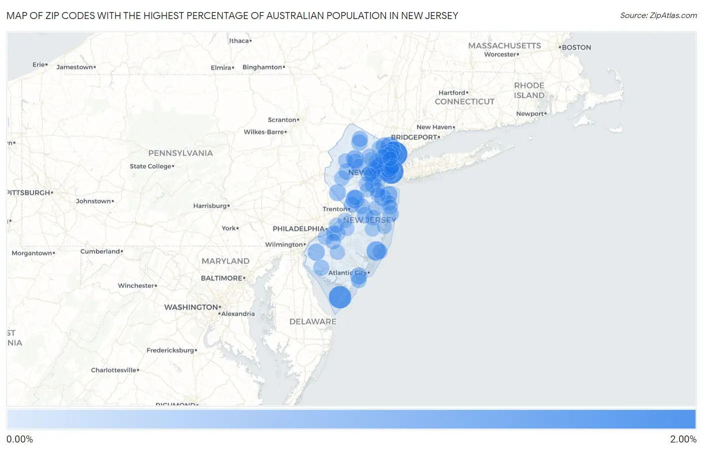 Zip Codes with the Highest Percentage of Australian Population in New Jersey Map