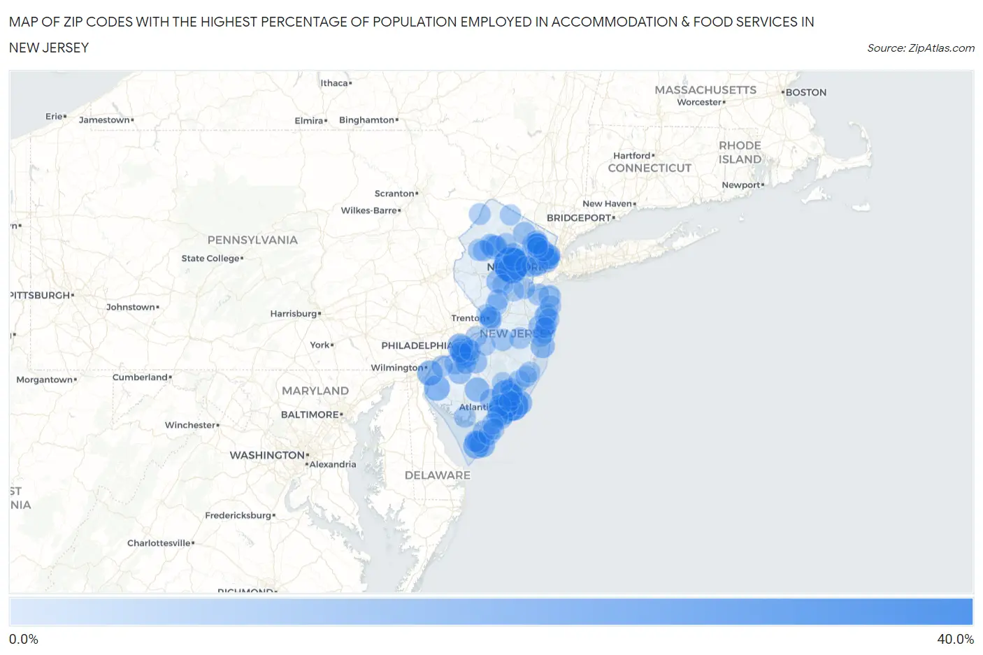 Zip Codes with the Highest Percentage of Population Employed in Accommodation & Food Services in New Jersey Map