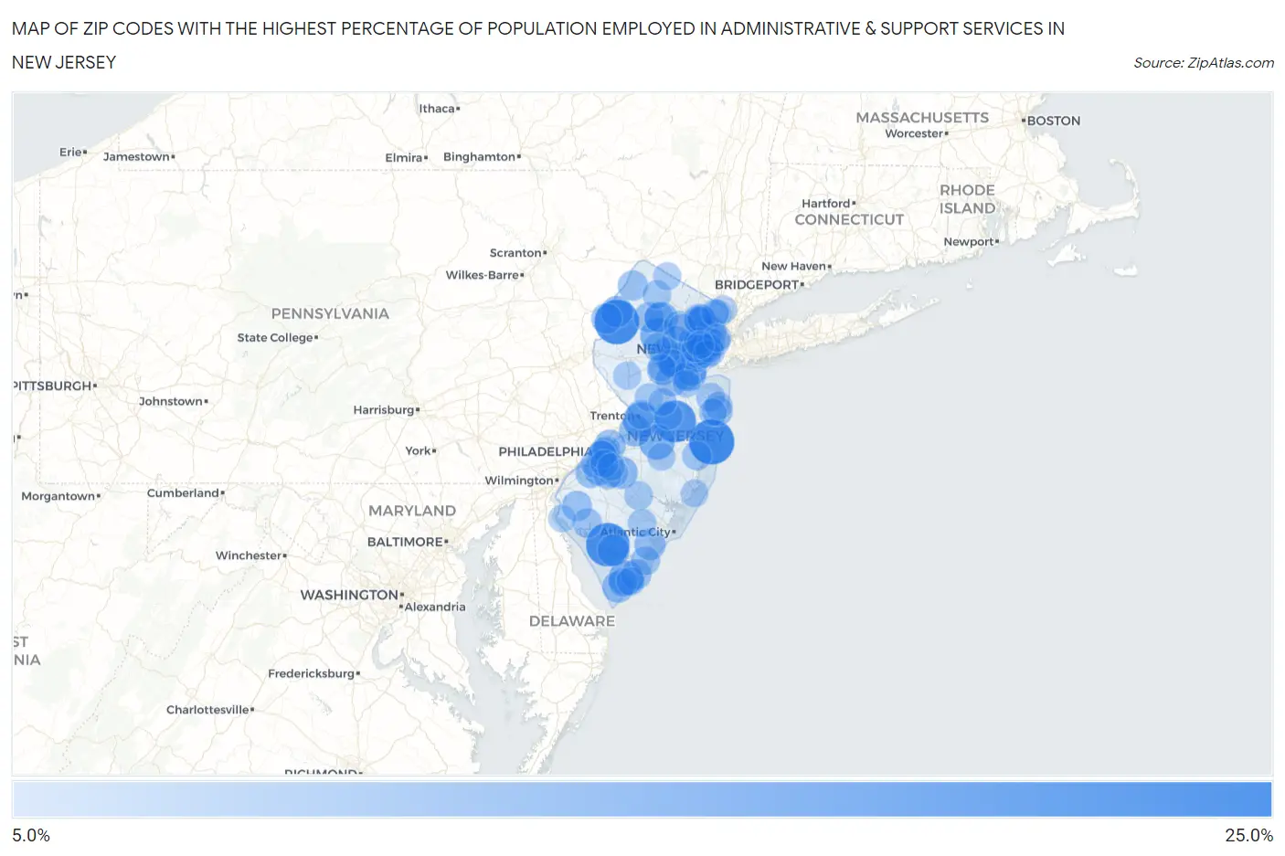 Zip Codes with the Highest Percentage of Population Employed in Administrative & Support Services in New Jersey Map