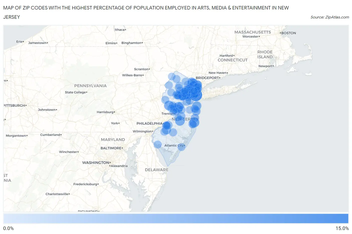 Zip Codes with the Highest Percentage of Population Employed in Arts, Media & Entertainment in New Jersey Map