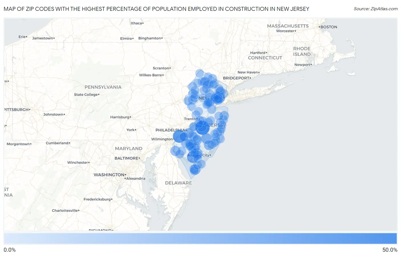 Zip Codes with the Highest Percentage of Population Employed in Construction in New Jersey Map