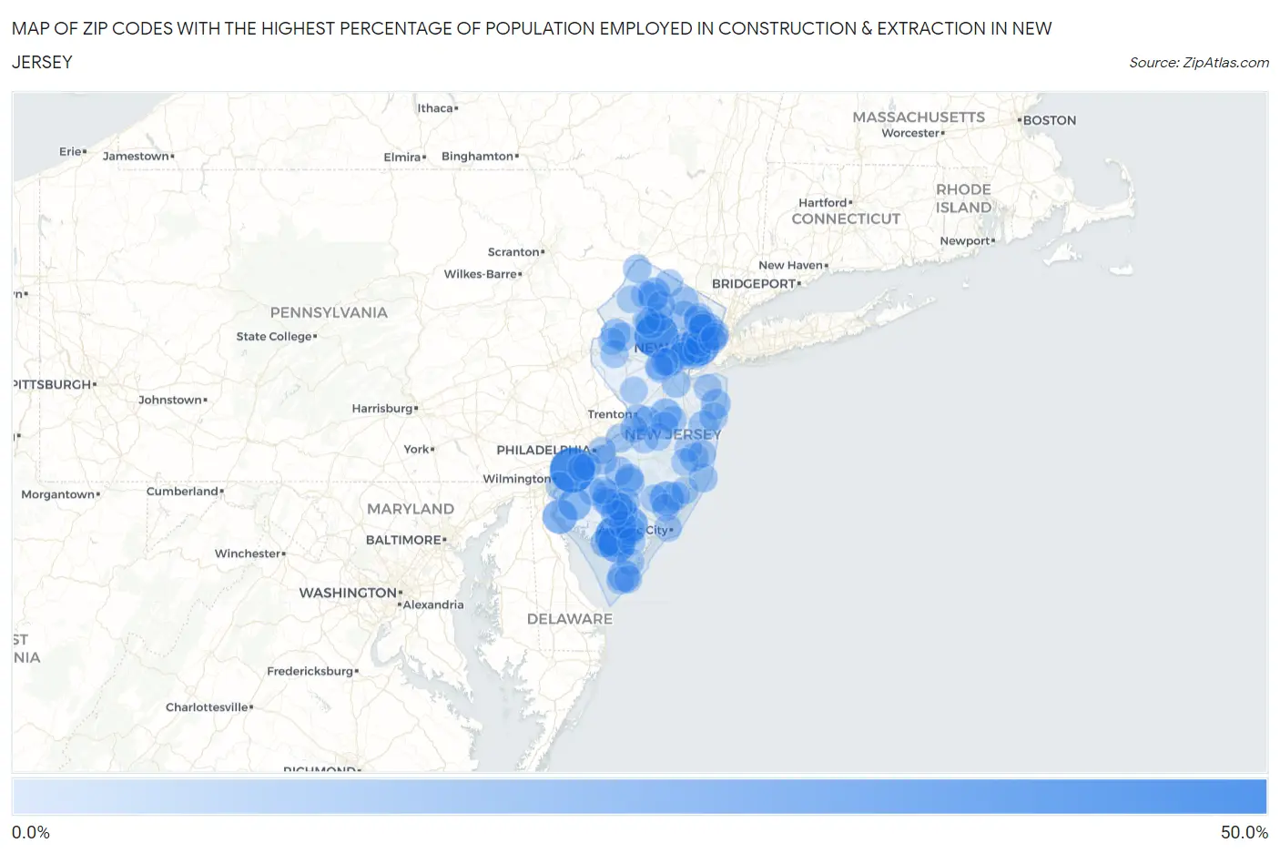 Zip Codes with the Highest Percentage of Population Employed in Construction & Extraction in New Jersey Map