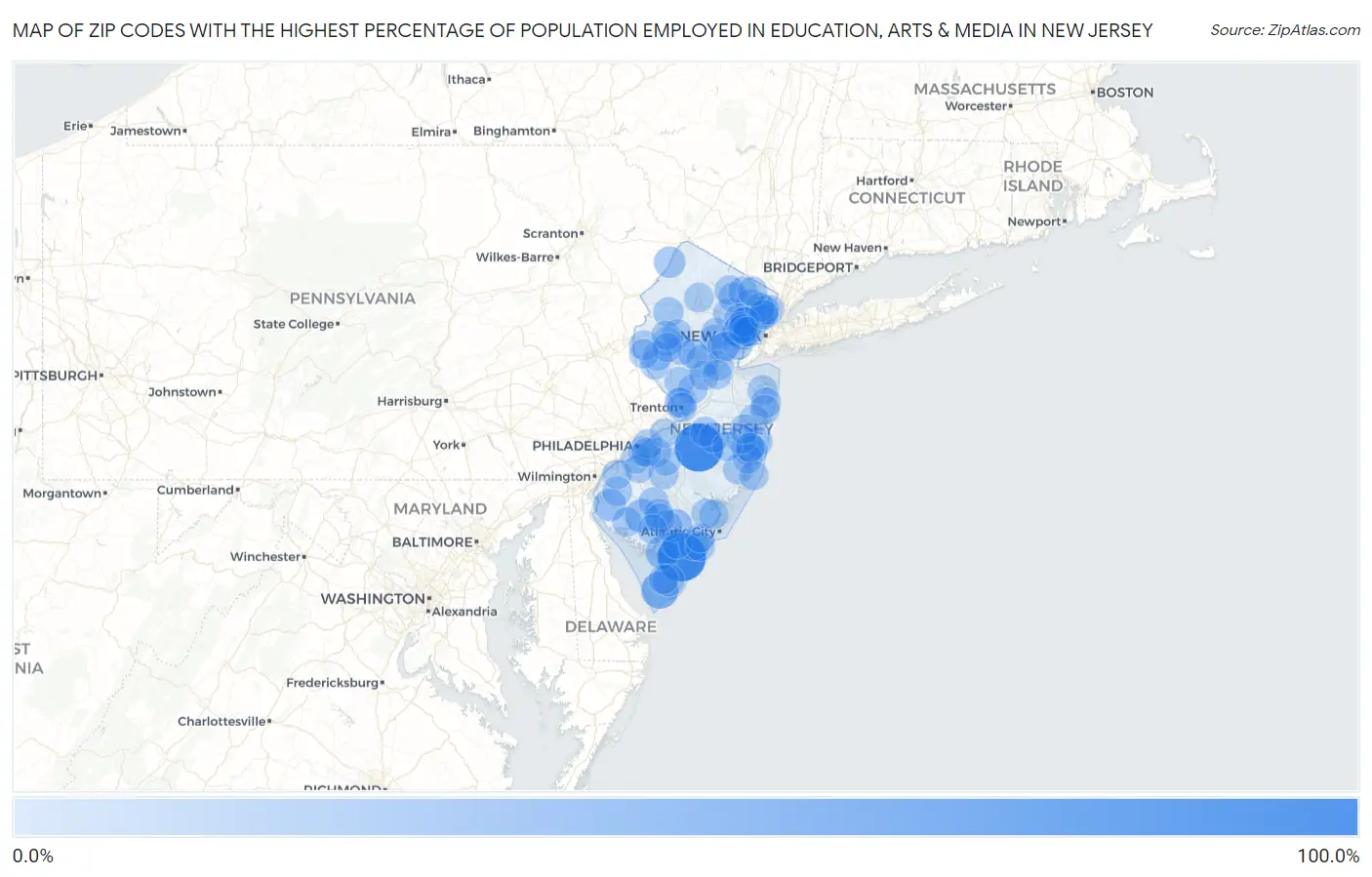 Zip Codes with the Highest Percentage of Population Employed in Education, Arts & Media in New Jersey Map