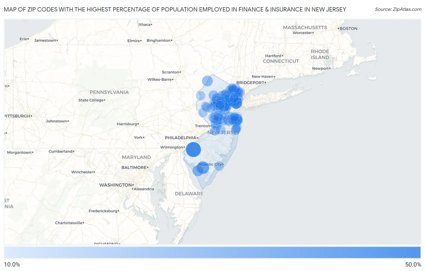 Zip Codes with the Highest Percentage of Population Employed in Finance & Insurance in New Jersey Map