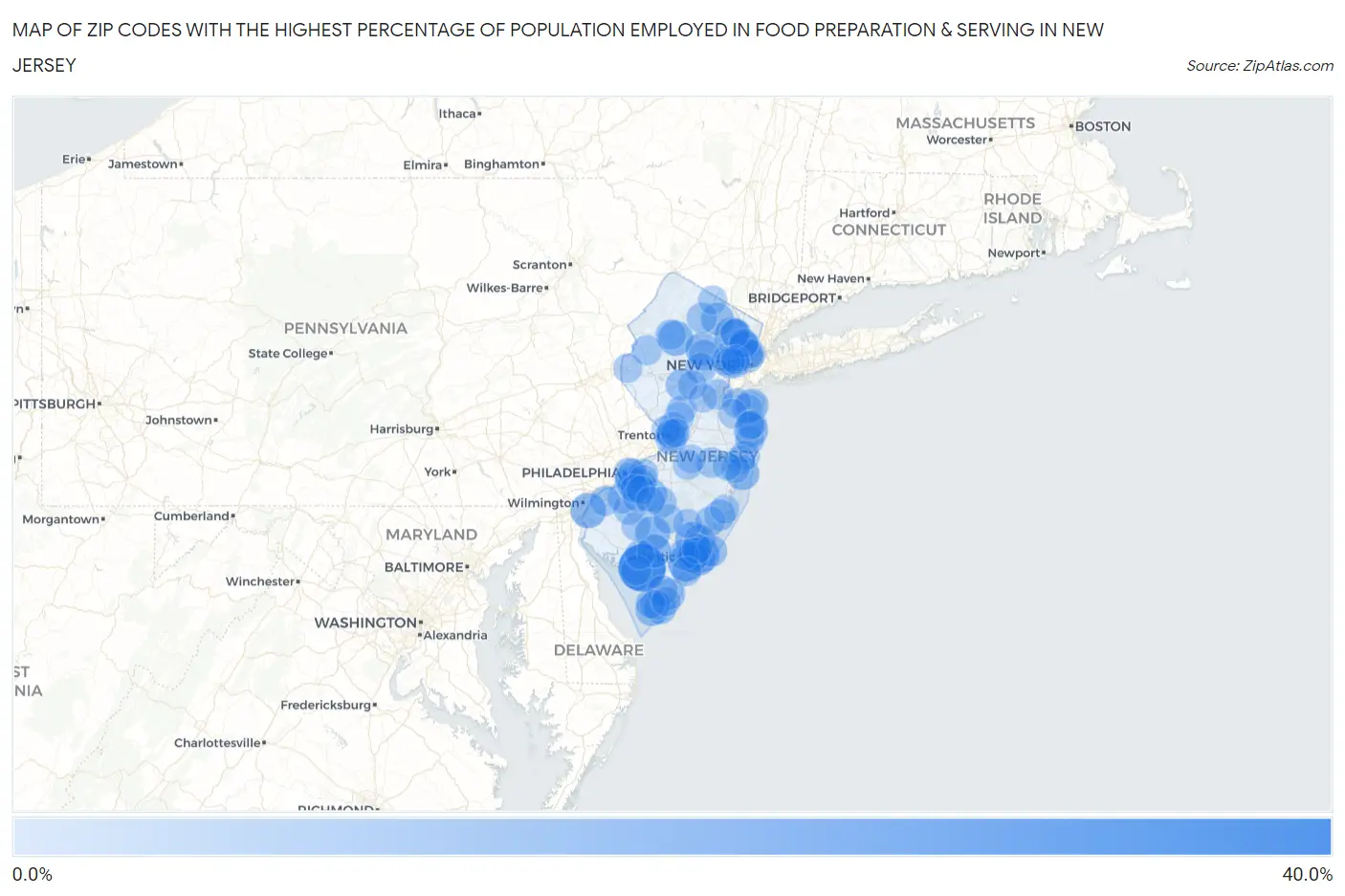 Zip Codes with the Highest Percentage of Population Employed in Food Preparation & Serving in New Jersey Map