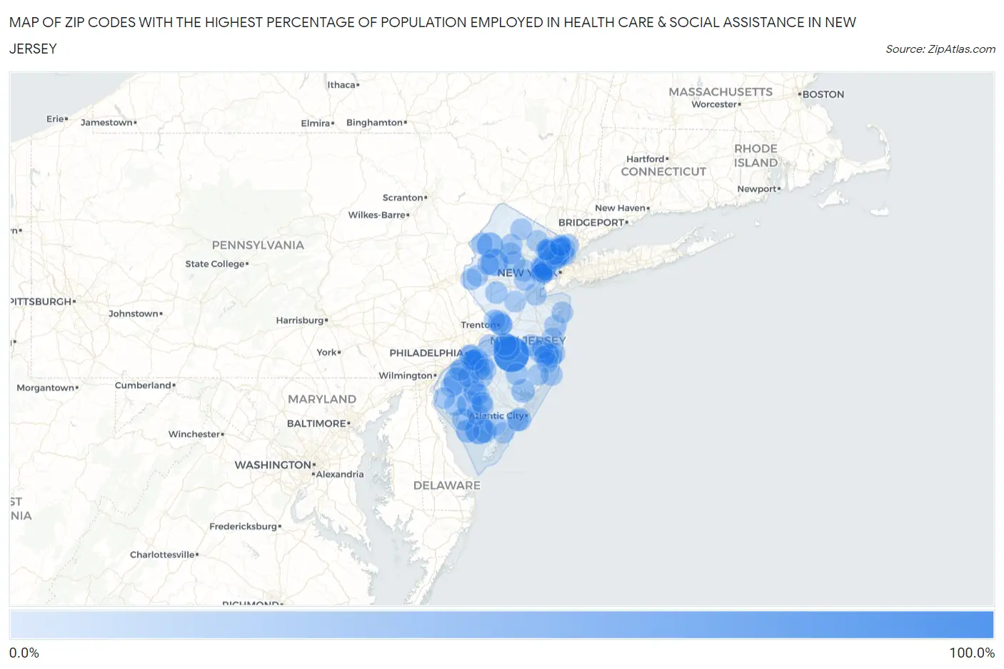 Zip Codes with the Highest Percentage of Population Employed in Health Care & Social Assistance in New Jersey Map
